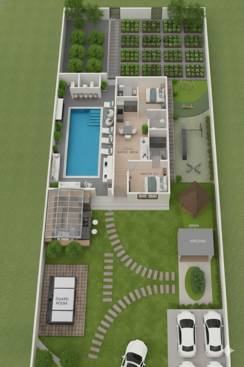 3D rendering of a farmhouse layout with a pool, open kitchen, and garden area